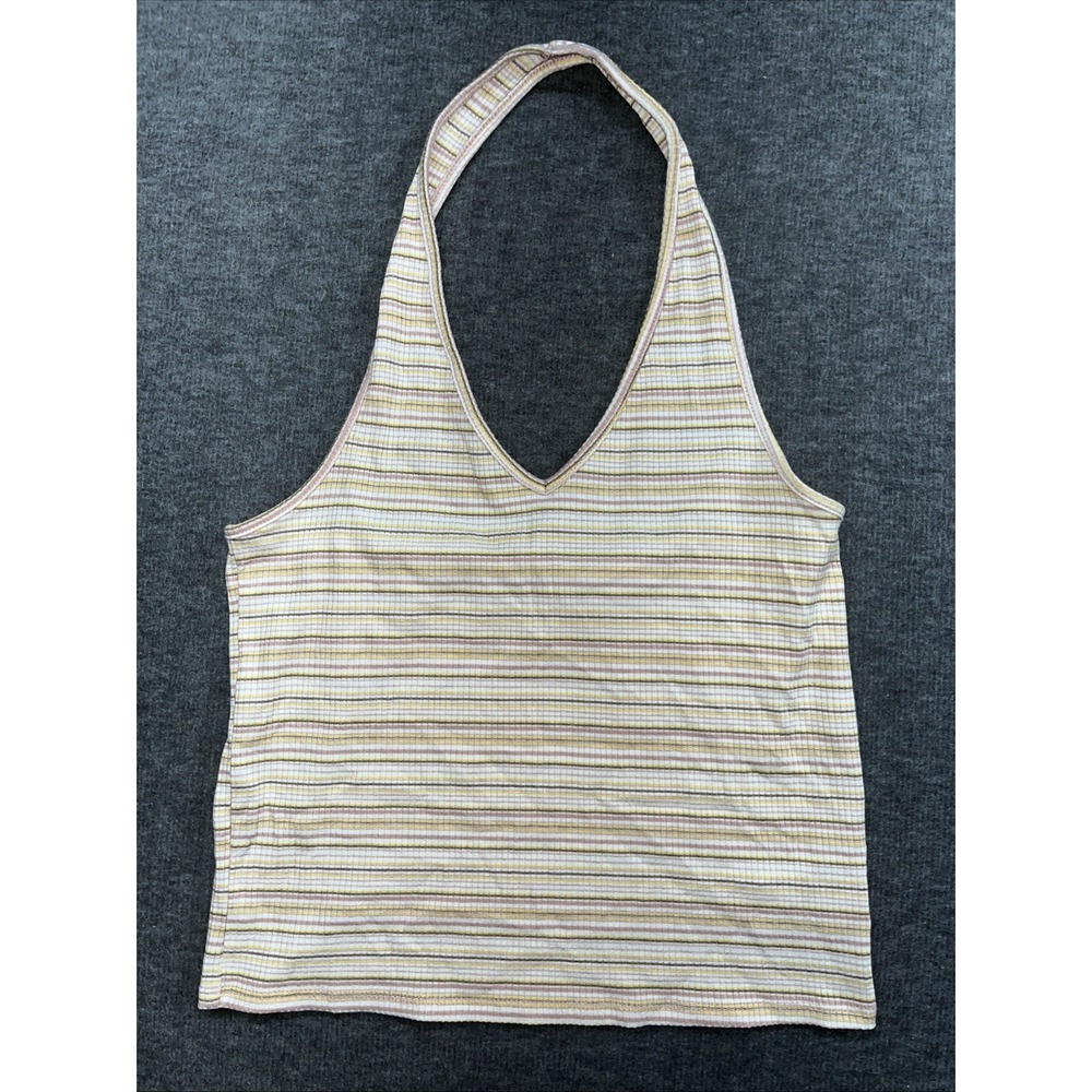 American Eagle Ribbed Halter Crop Top Brown White Yellow Rose Stripes Sz Medium